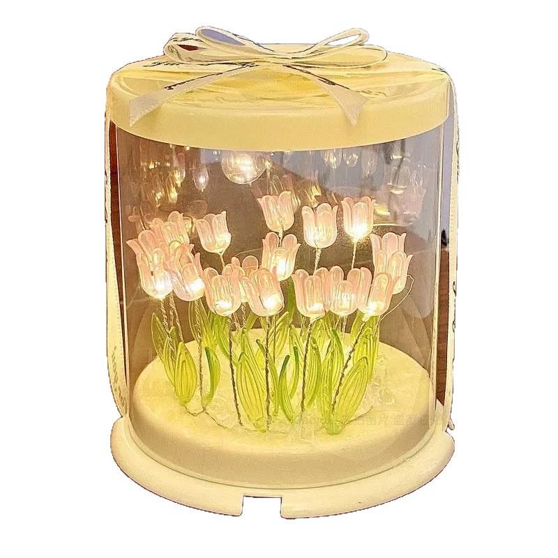 Creative Diy Tulip Flower Sea Cube Small Night Lamp Material Kit for Girlfriend Gift Bedroom Sleeping Table Lamp Handmade Craft