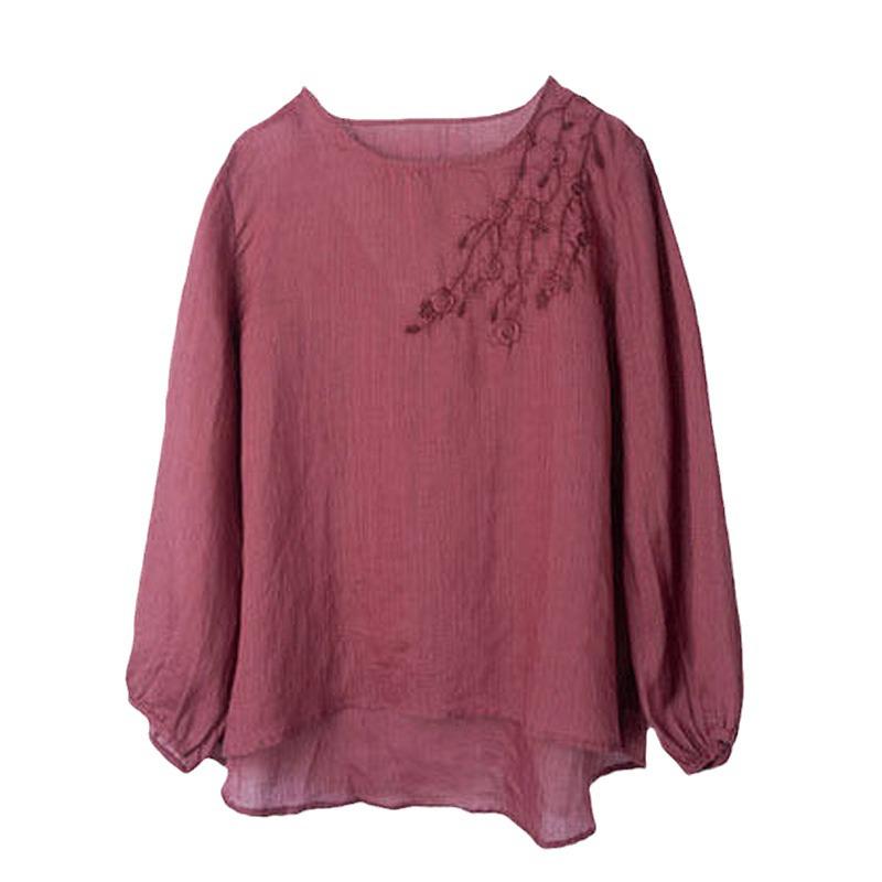 Dam 2024 Bomull-Linne Broderad Långärmad Retro Skjorta i Kinesisk Stil för Våren