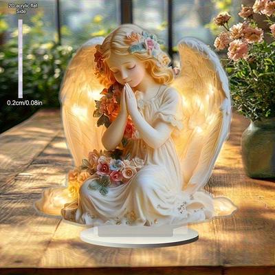 Engelfigur mit Blumenmuster - Ruhiger schlafender Engel auf herzförmiger Basis, Glänzendes Ornament im Bohemian-Stil, Kein Strom erforderlich, Kinderzimmer, Schreibtisch zu Hause