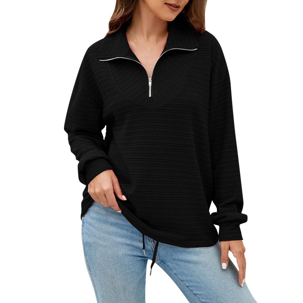 Women's Fashion Lapel Zipper Drawstring Loose Pullover Long Sleeve Casual Sweatshirt