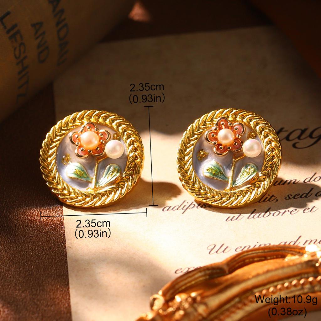 French court style natural pearl oil painting series niche high-end earrings retro new love geometric earrings women