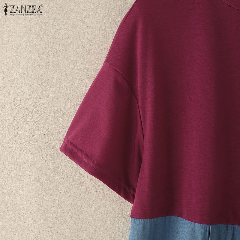 ZANZEA Womens Round Neck Patchwork Short Sleeve Irregular Hem Casual T-Shirts