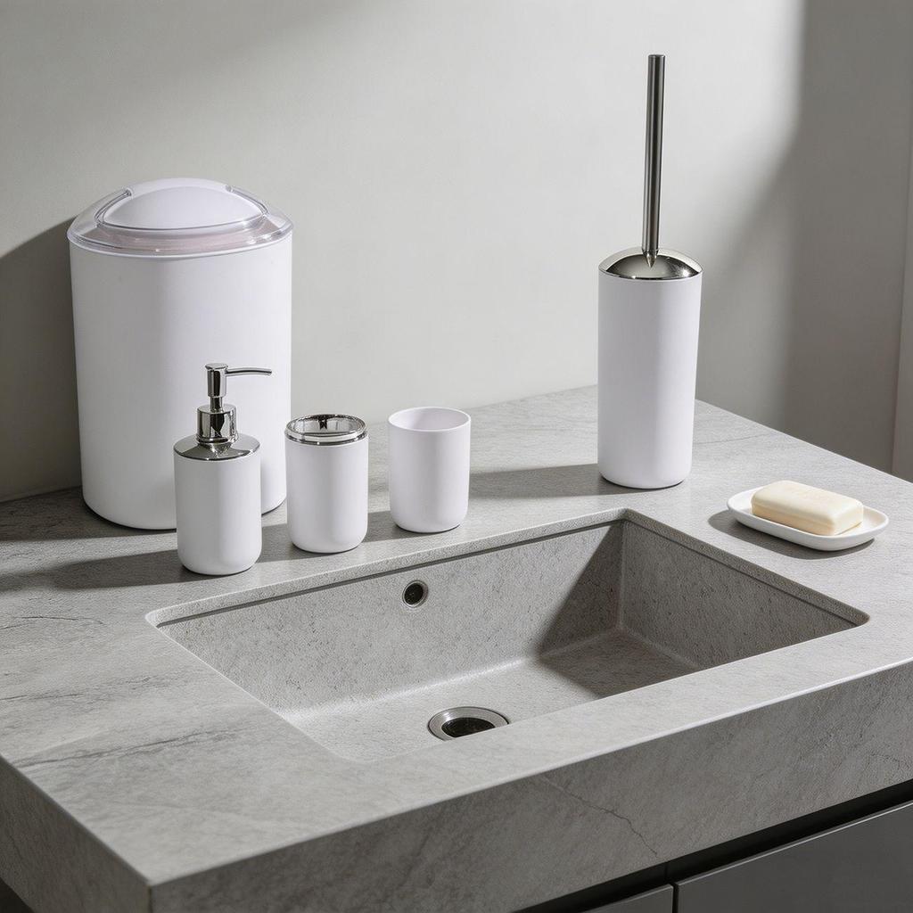 Solid Color Bathroom Accessory Set: 6-Piece Plastic Kit with Mouthwash Cup, Toothbrush Holder, Soap Dish, and Storage Containers.
