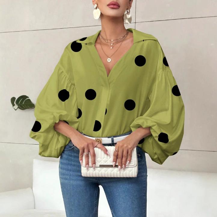 Women's Polka Dot V Neck Oversized Blouse Puff Long Sleeve Loose Shirt