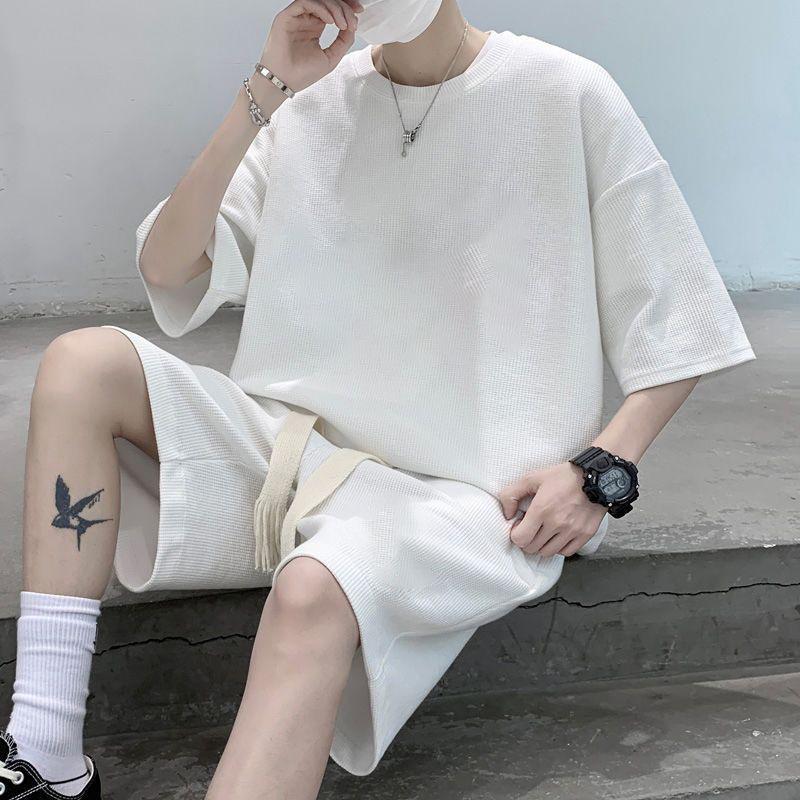 Teen Boys' Trendy Waffle Knit Summer Sports Set - Shorts & Short Sleeve T-shirt