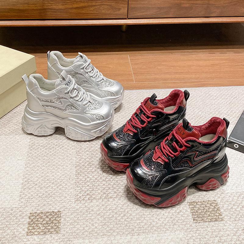 Fashion NEW Women Casual Platform Sneakers 10CM High Heels 2025 Winter Sports Leather Shoes Bling Trainers Chunky Boots Zapatillas Mujer