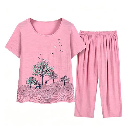 

Women s Pajamas Set Crew Neck Short Sleeve Top And Cropped Pants Lounge Sets Summer Floral Sleepwear Matching Set XL розовый