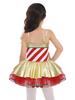 Girls Adjustable Straps Cami Dress Stripes Print Sequins Bowknot Mesh Tutu Dress Dance Jumpsuit Costume