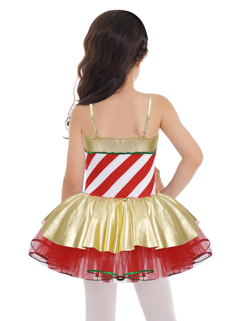 Girls Adjustable Straps Cami Dress Stripes Print Sequins Bowknot Mesh Tutu Dress Dance Jumpsuit Costume