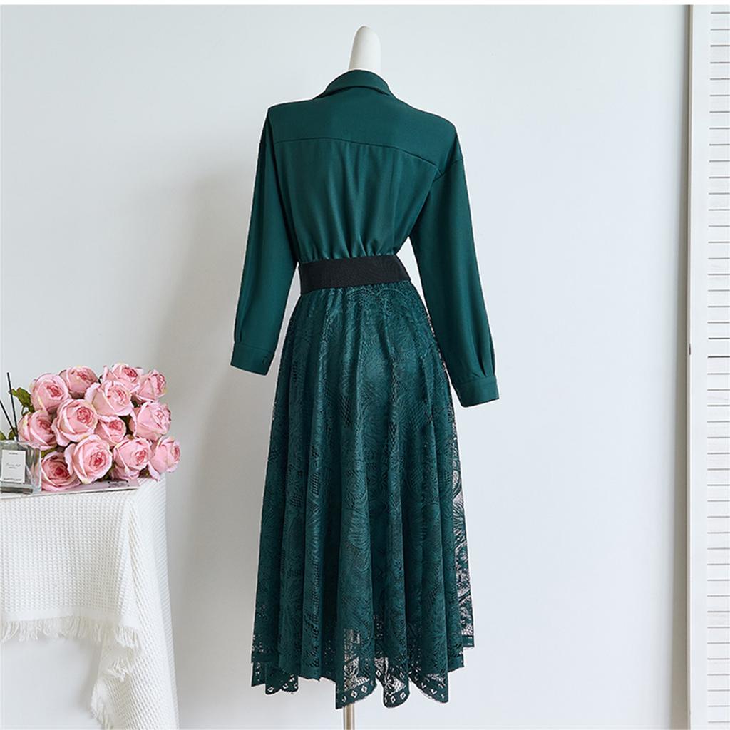 Solid Green Lace Splice One Piece Shirt Dress for Women Elegant Turn Down Collar Long Sleeve Belt Slim A-line Dress
