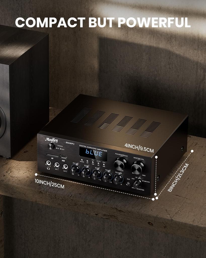 Moukey Erősítő Rendszer Mikrofon Mixer Max Kimenő Teljesítmény 220W Bluetooth Kompatibilis Kétcsatornás Hang Audio Sztereó Erősítő Monitorozás USB, SD, AUX,