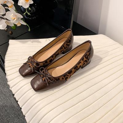 Sheepskin Version~ Genuine Leather Single Shoes Low Heel Bow Leopard Print Flat Bottom Shallow Mouth Temperament Soft Sole Shoes