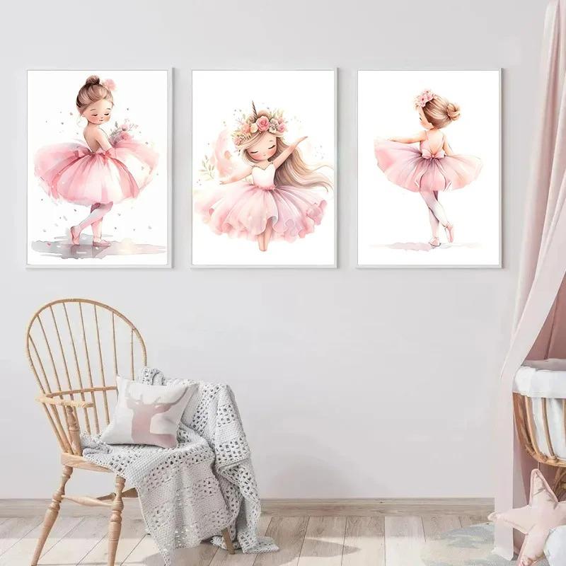 Pink Ballerina Girl Unicorn Butterfly Poster Kids Room Decorative Canvas Panting Posters Nursery Wall Art Baby Bedroom Decor
