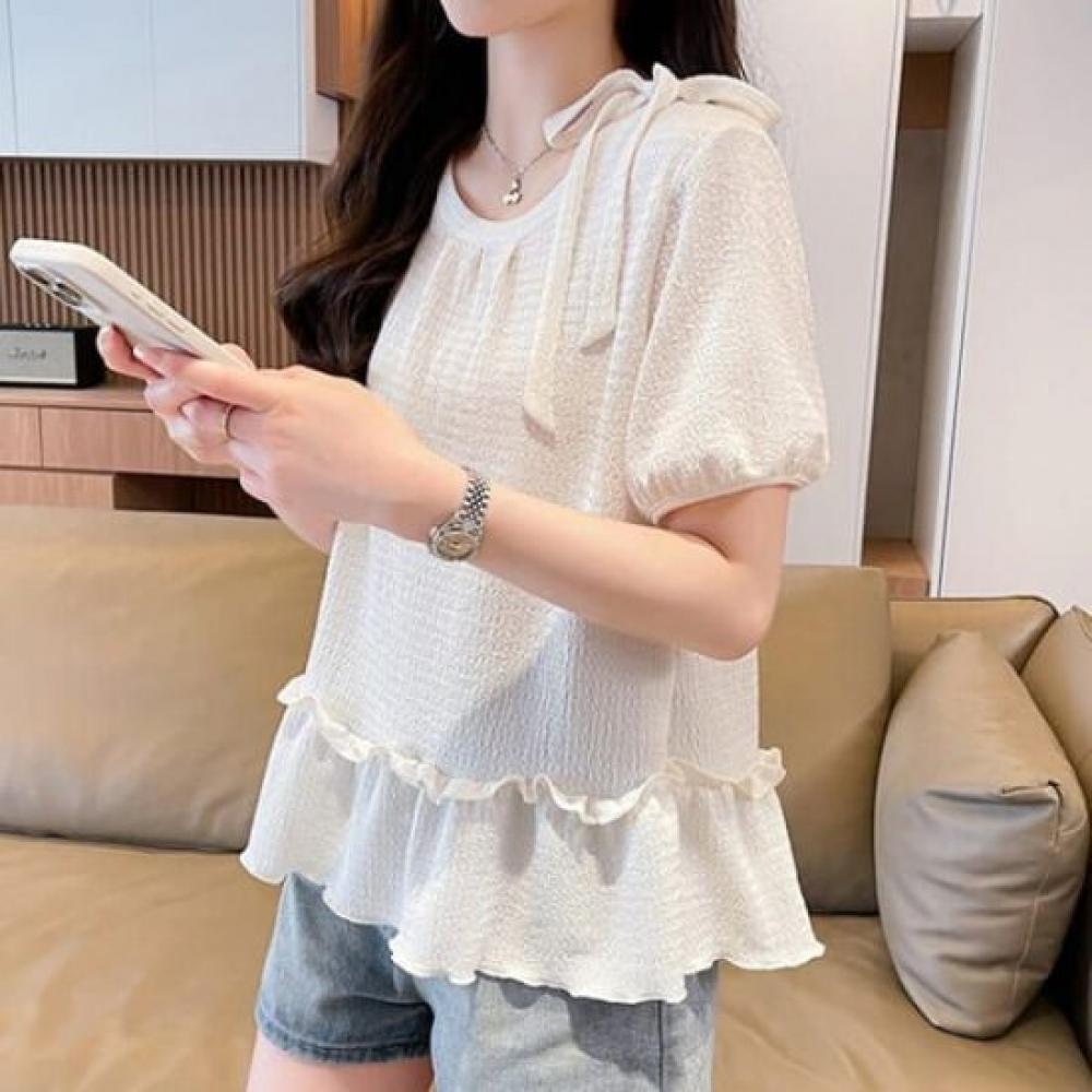 Navava Women Frill Ribbon Round Neck Puff ShorT Sleeve T shirT nT2795