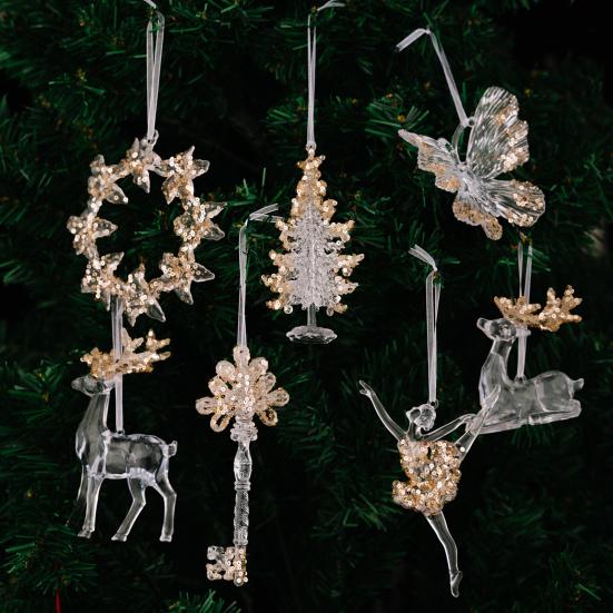 Clear Acrylic Christmas Ornaments Snowflake Tree Elk Butterfly Ballet Dancer Hanging Decoration for Holiday Winter Scene Decoration