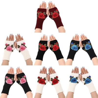 Floral Embroidered Arm Warmer Oversleeve Half Finger Gloves For Winter Cycling Office Use