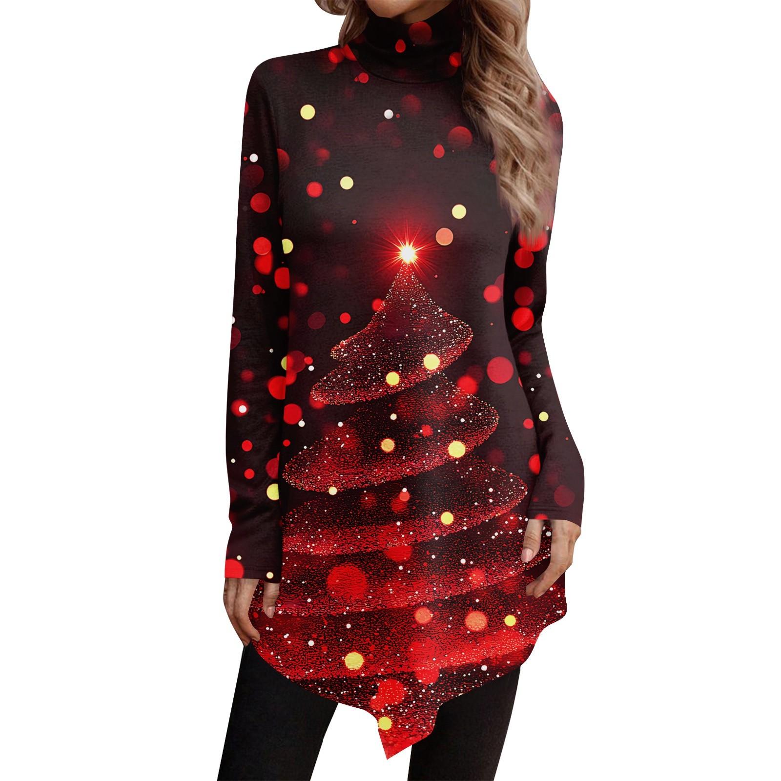 Повседневная мода Рождественский принт Рубашка Топы Высокий ворот Неровный подол Длинный — фото 7