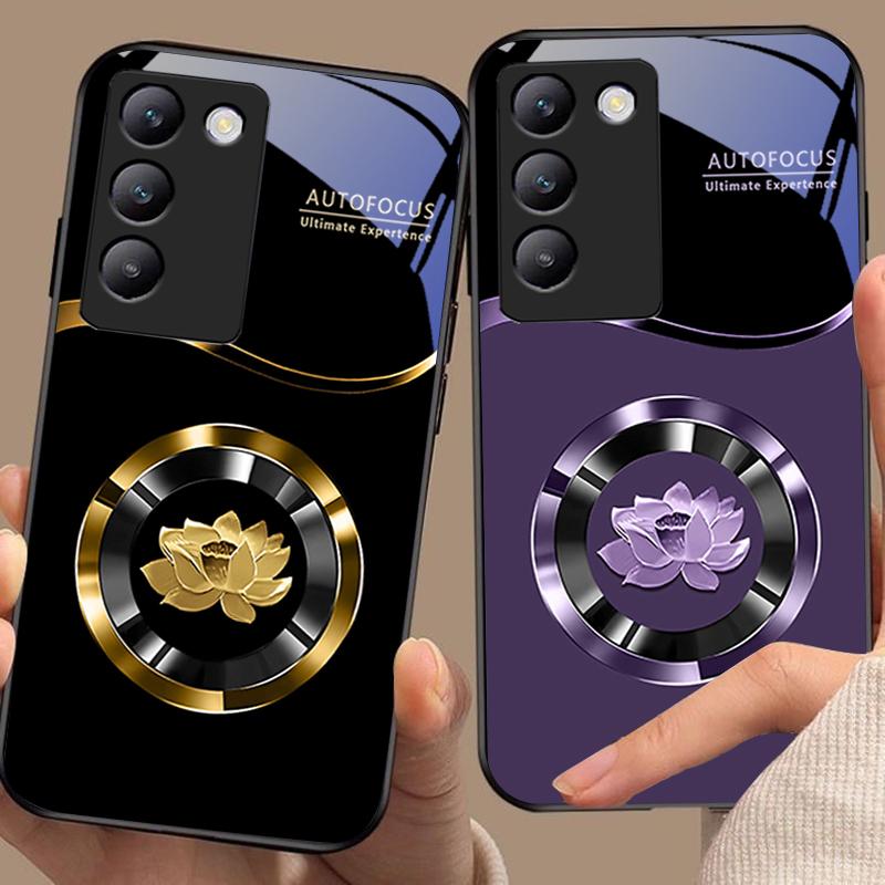 Circle Lotus Gold For Y72 33S 11 03 36 96 Lite 35 16 Iqoo 12 V40 SE 5G 29 40 21 30 X80 Pro Vivo Tempered Glass Phone Case Black