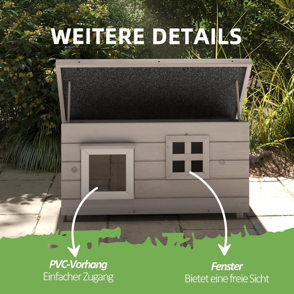 Wooden Outdoor Cat House, Elevated Cat Shelter Kennel, Pet Play House with Openable Top, Asphalt Roof, Window, Grey