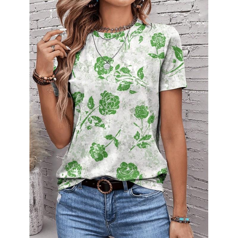 Womens Casual Short Sleeve Round Neck T-Shirt With Striped Print Loose Fit Milk Silk Blend Comfortable 2025