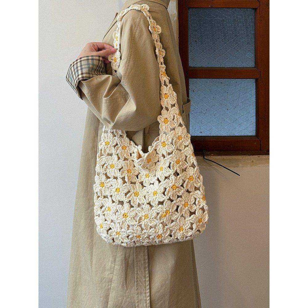 Sac fourre-tout en tricot, Sac à bandoulière unique fait main style rural, Sac style vacances pour le trajet