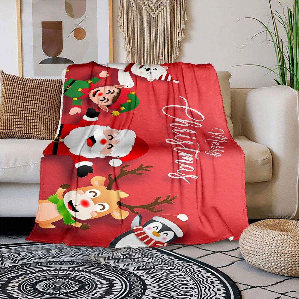 Merry Christmas! Santa Claus, Elves, Reindeer & Penguin Greeting Card Blanket Flannel Throw Blanket for Sofa, Bed, Travel, Camping, Office, 150x180cm