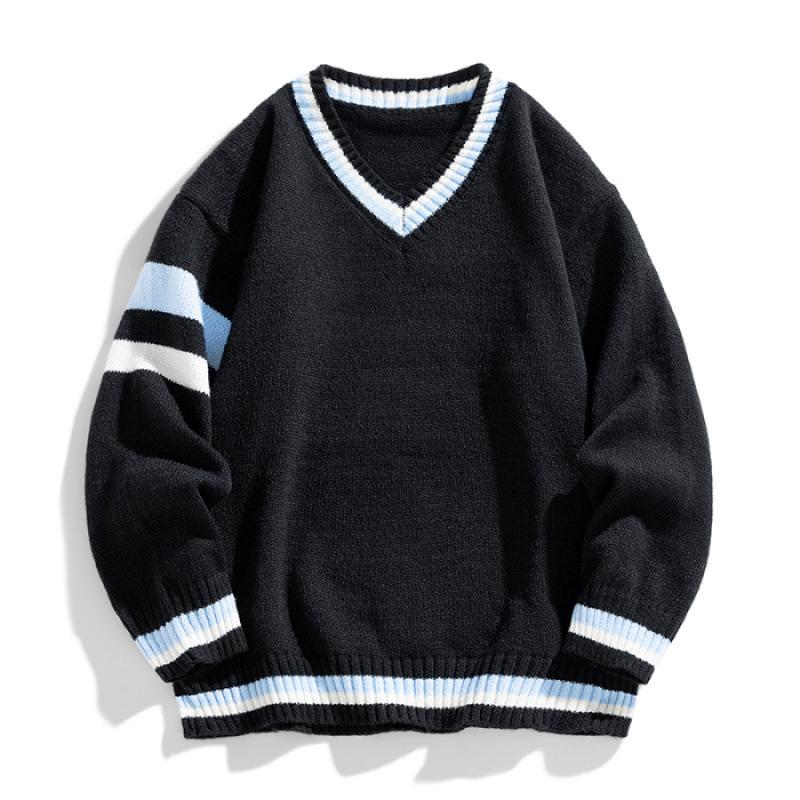 

Мужской осенний свитер-двойка с эффектом сращивания в стиле колледжа с V-образным вырезом, мужская и женская модель 3XL чёрный