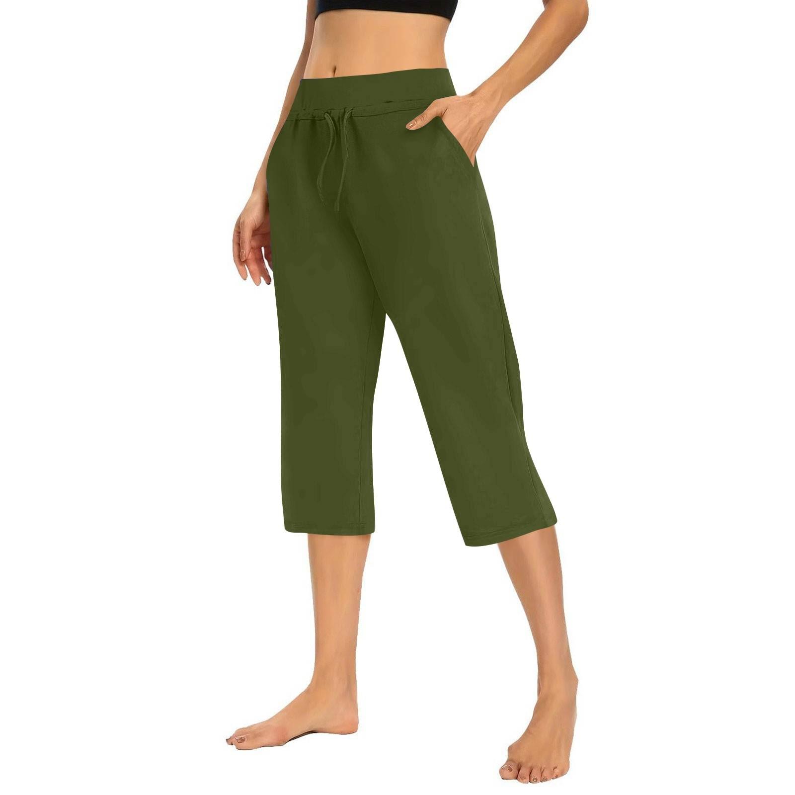 

Women s Solid Color Casual Pants Elastic Waist High Waist Drawstring 3/4 Pants Athletic Casual Pants L армія зелений колір