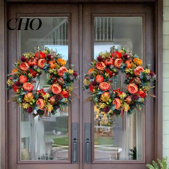 Hortensia Pioenroos Sling Herfst Pompoen Krans Kunsttak Vintage Bloemen Lente En Zomer Set Seizoensgebonden Deurhanger voor Thanksgiving Oogst Decoratie