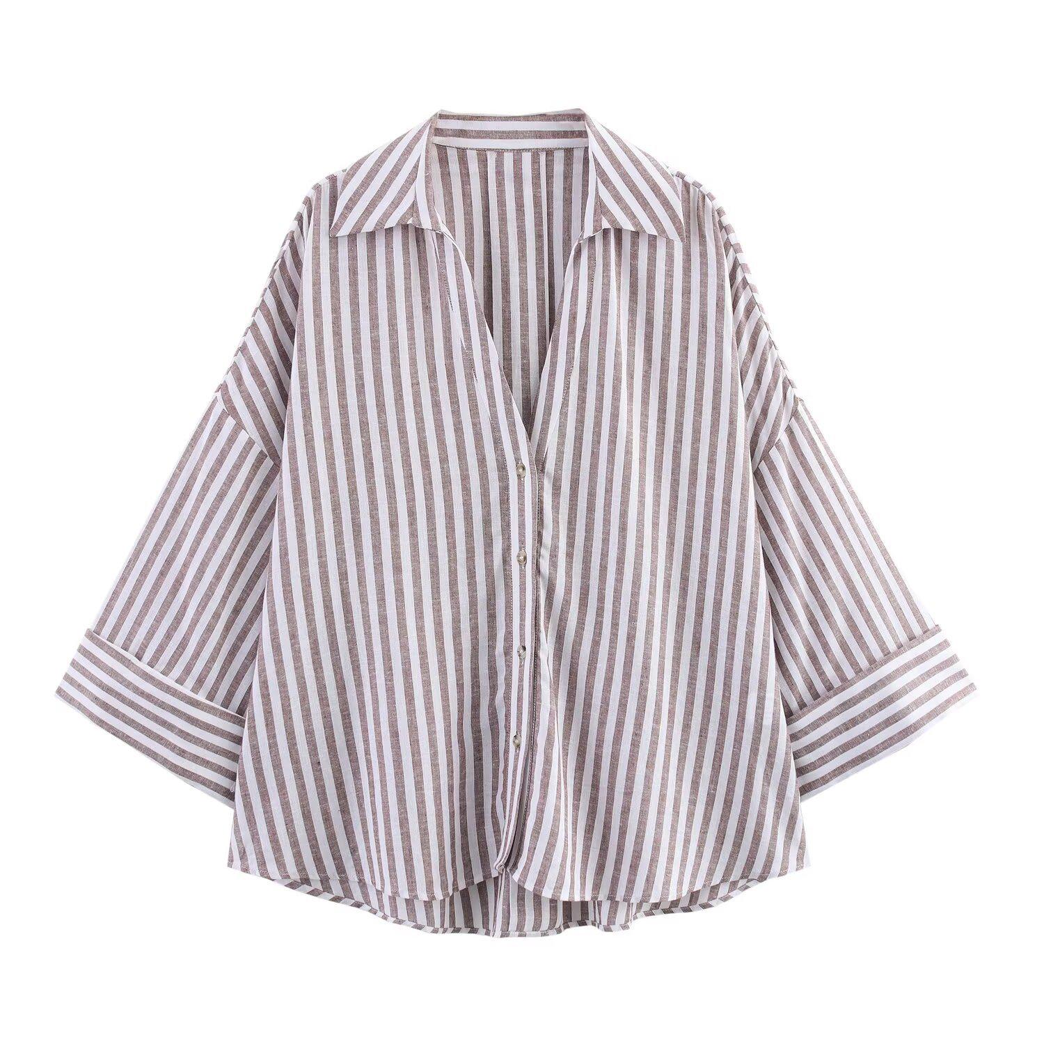 

2025 Spring/Summer Women s Striped Loose Poplin Shirt with Turn-Down Collar L