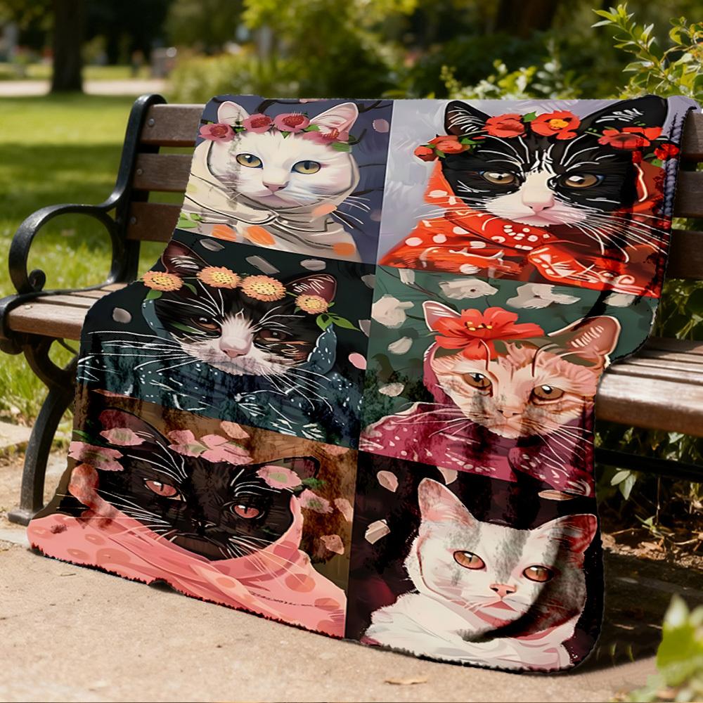1pc Cat Art Prints Outdoor Flannel Blanket Soft All Season Polyester Throw , Perfect for Picnics & Travel , Picnic Accessory