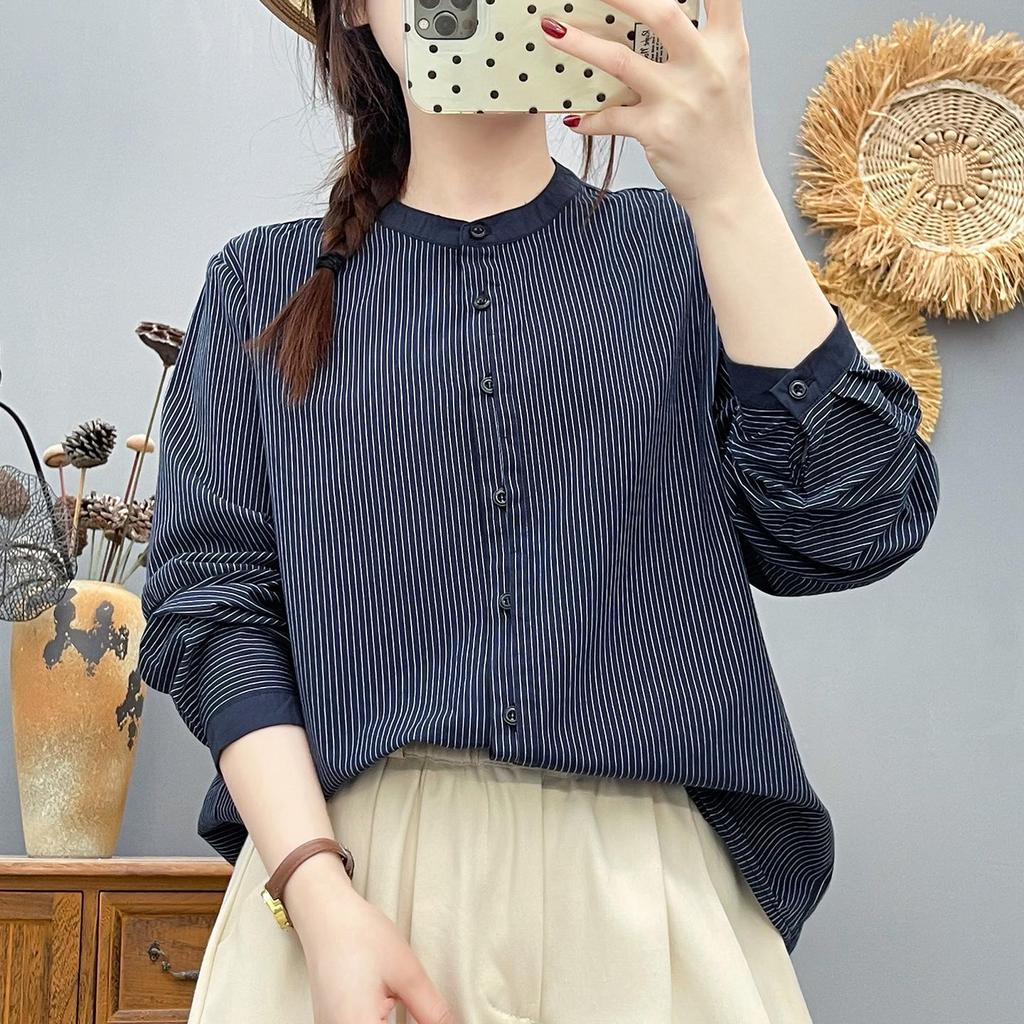 Women's Pure Cotton Striped Stand Collar Long Sleeve Shirt, Loose and Slimming Fit