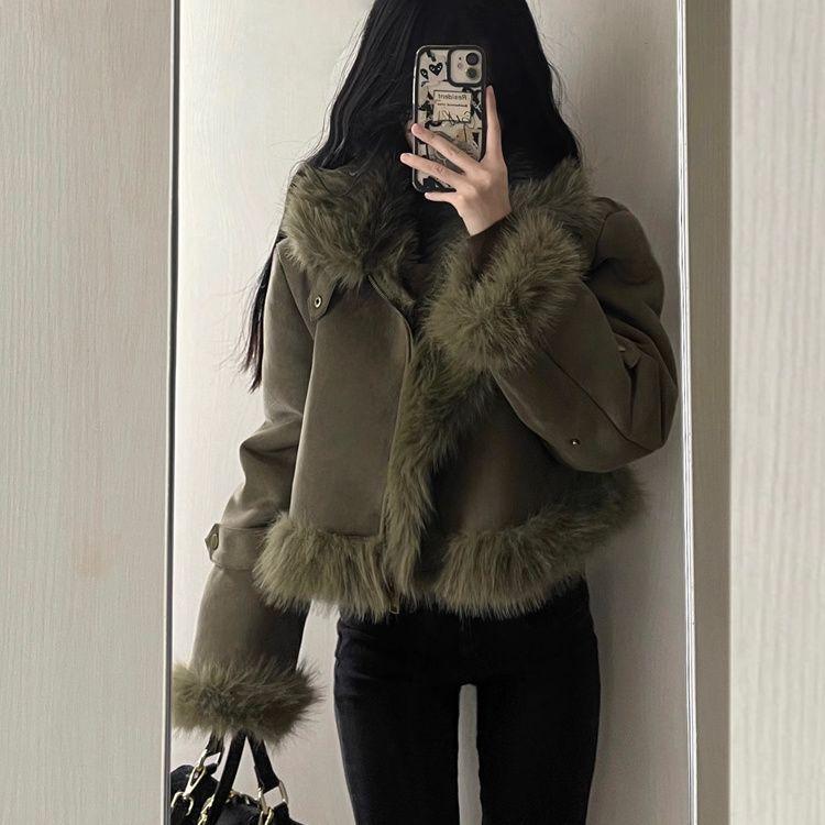 

Куртка из искусственной замши с коротким мехом, женская осенне-зимняя утолщенная куртка-маленькая локомотив, топ S [Recommended 90-52.5 kg] зелёный