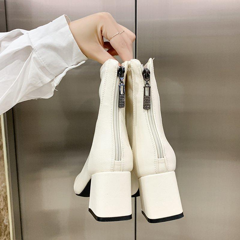 Dames Ensfarget Mote Høye Hæler med Glidelås bak Mote Støvletter Høye Støvletter Lærsko Midhøye Støvletter Damesko