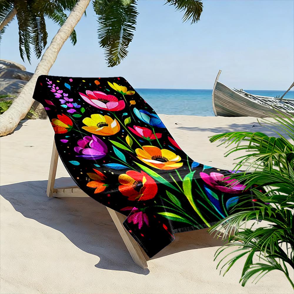 Colorful Floral Pattern On Black Background Beach Towel Quick-drying for Travel Outdoor Sports Jogging Beach and Swimming