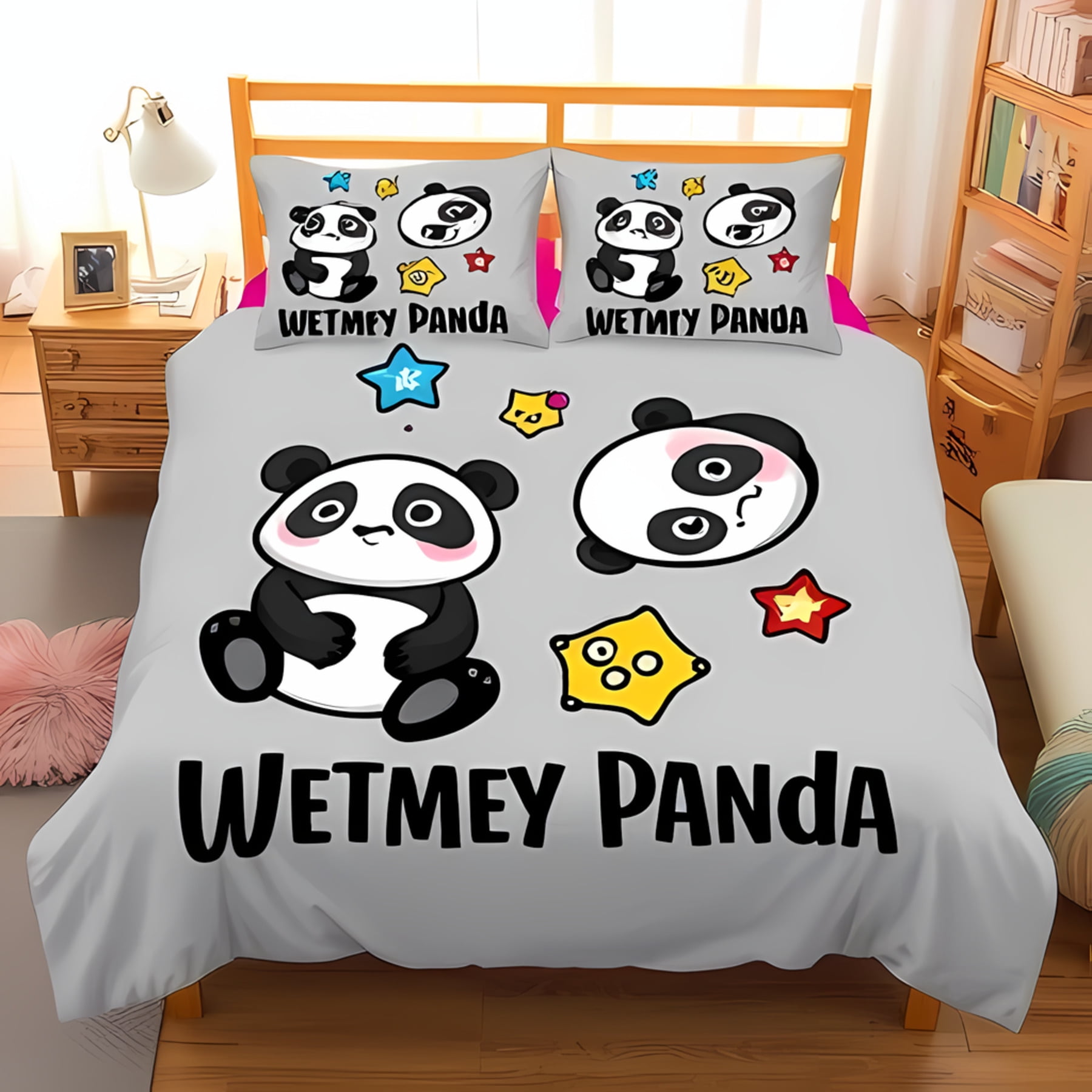 Duvet Cover Set Cartoon Panda Cute Love English Duvet Cover Panda Digital Printing Bedding Set Suitable Children Kids And Adults EU Single(135*200cm)3pcs