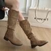 Autumn Winter Low Heel Women Western Cowboy Boots Fashion Soft Pleated Shoes Female Vintage Slip On Long Booties