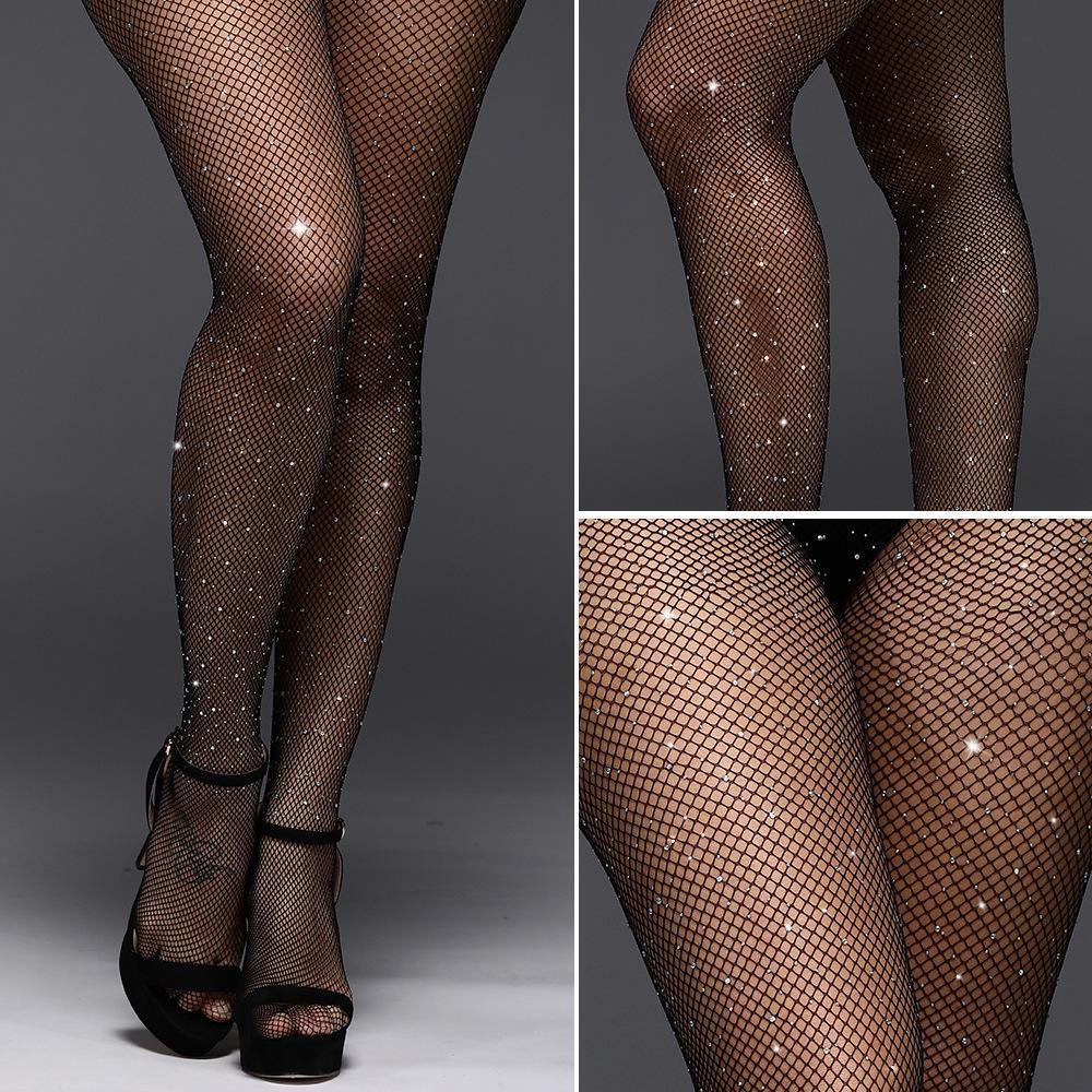 European & American Sexy Mesh Fishnet Pantyhose with Diamonds - Women's Hollow White Sparkling Stockings
