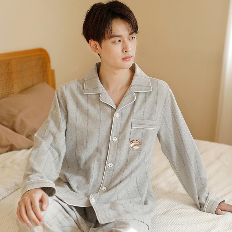 New Couple Pajamas Made of Pure Cotton, Brushed Velvet, High-end Embroidered Home Clothes, All Cotton Long Sleeved Set