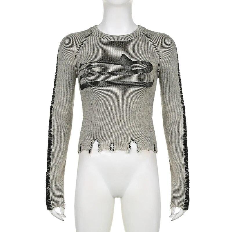 Weekeep Roztrhaný Vintage Svetr Harajuku Patchworkový Potisk Dlouhý Rukáv Svetry pro Ženy Podzim Zima Základní Pulovry Street Style