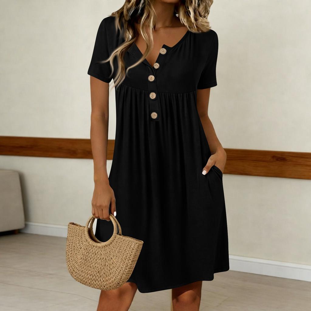 Women's Fashionable Color Round Neck Short Sleeved Button Neck Mid Length Casual Dress