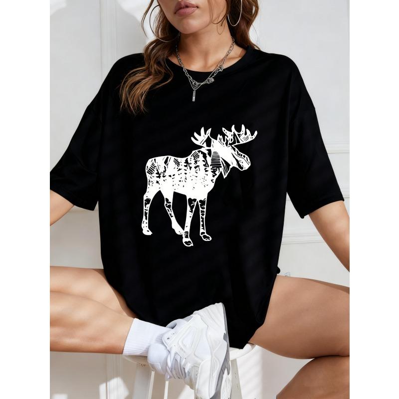 White Loose Fit T Shirt With Moose Print For Casual Wear