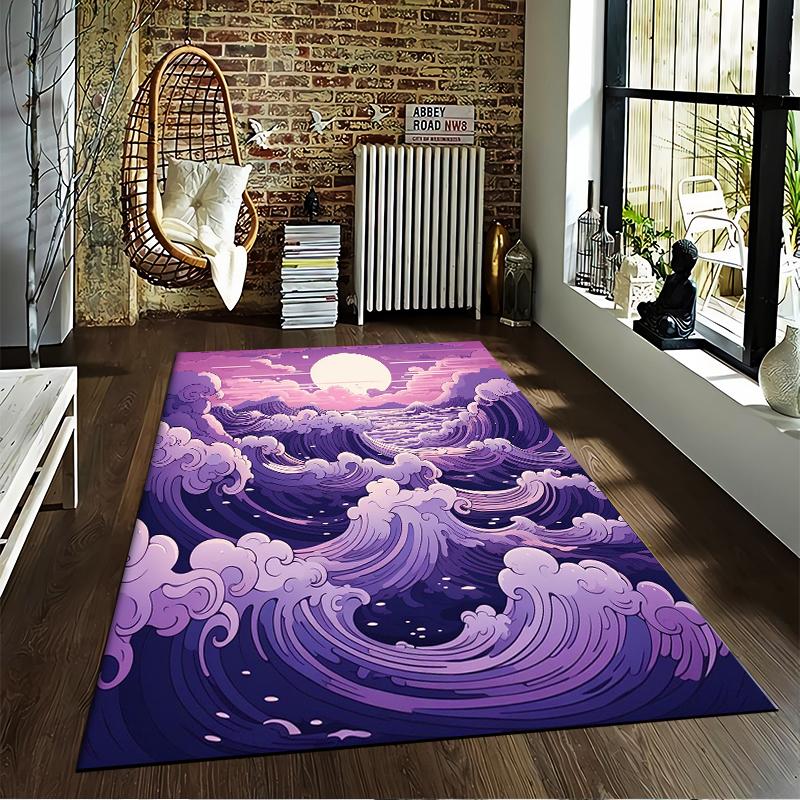 Purple Waves and Moon Carpet Non-slip Rug Suitable for Living Room and Bedroom Sofas