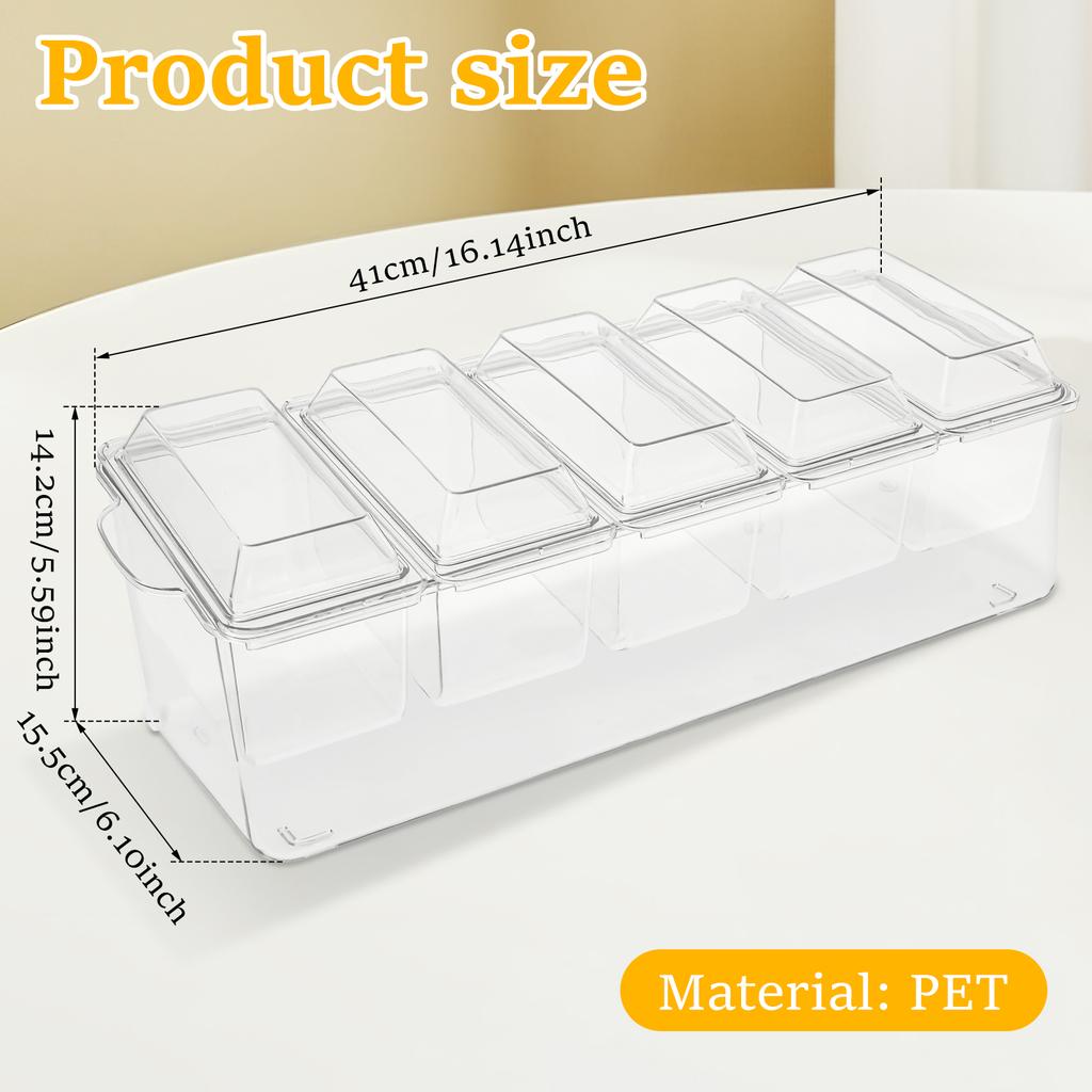 Velký chlazený zásobník na dochucovadla s 5 přihrádkami, vyjímatelný průhledný podnos na ovoce, salát, občerstvení, podnos, barové doplňky