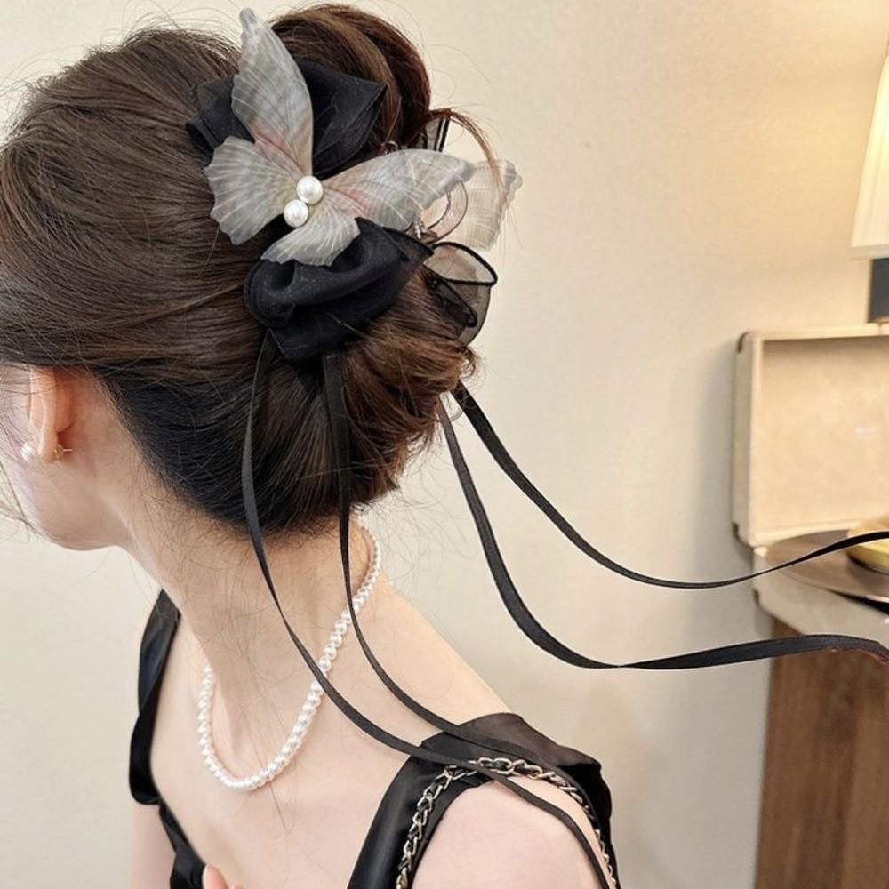 Imitation Pearl Decor Butterfly Hair Clip Chinese Style Bow Hair Claw New Hair Claw Clip Headdress