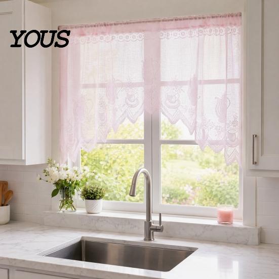 Retro Lace Curtain Half Curtain, Adjustable Lift Structure, Embroidery Floral Sheer Coffee Dustproof Window Screen