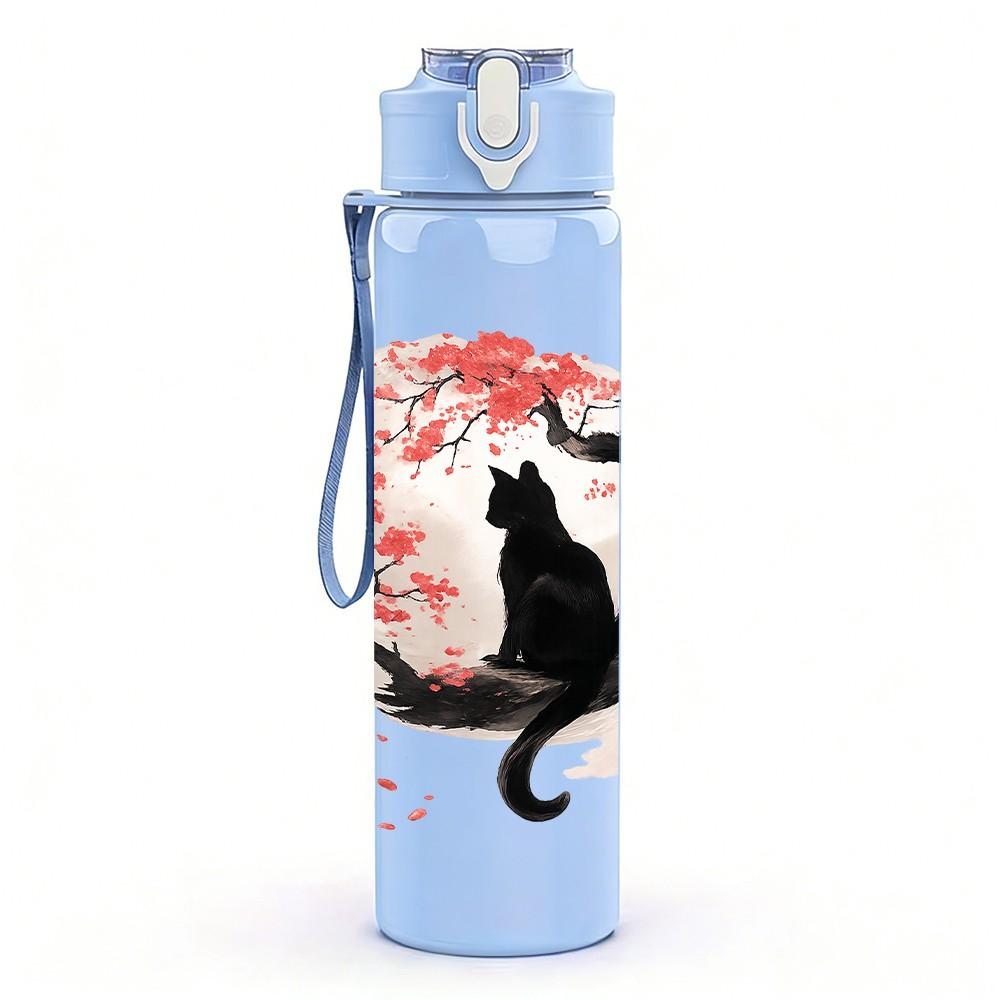 1PC Plum Blossom Black Cat Art 750ml Color Plastic Sports Water Bottle Leakproof Flip Straw Lid Suitable for Sports Office Home Use