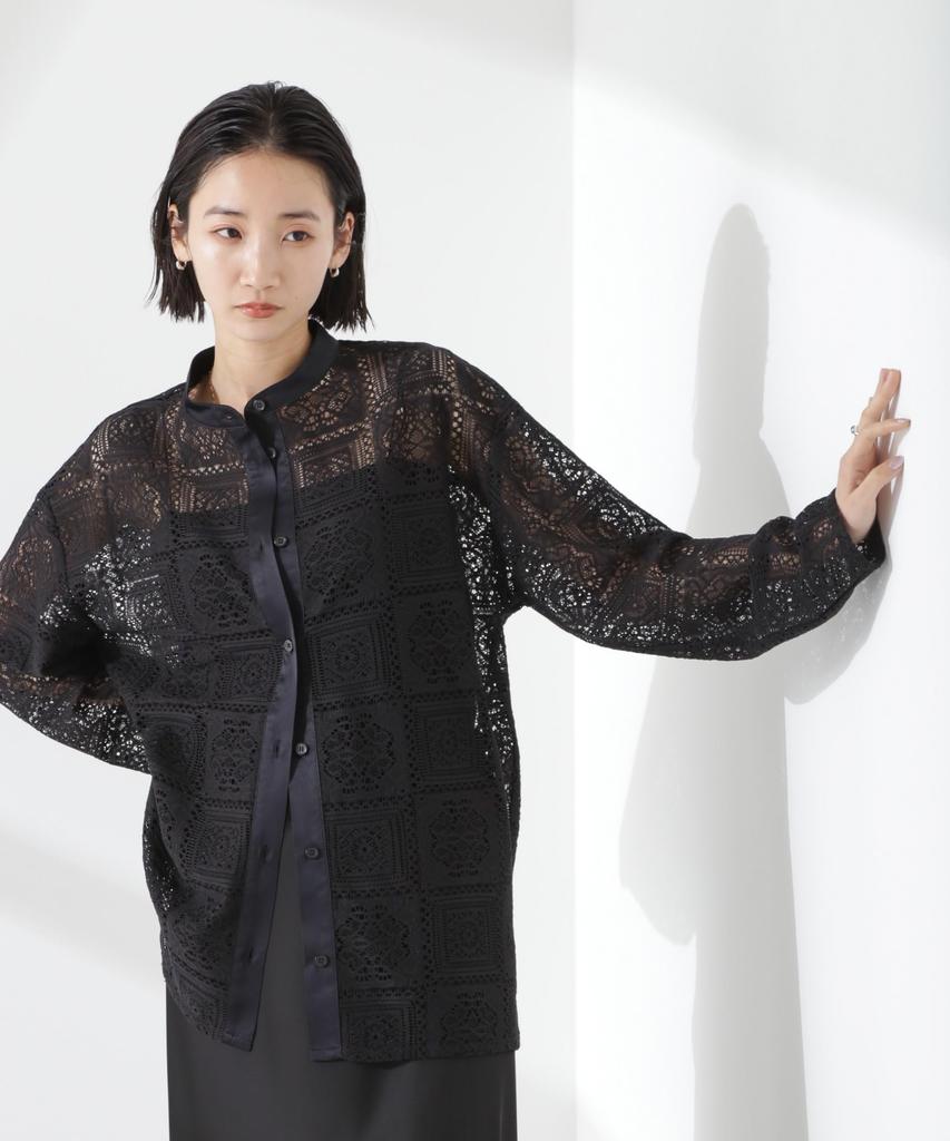 Nano Universe Band Collar Lace Shirt Be Paired with Other F 010 Black Women's (Can Items) 673-5120315