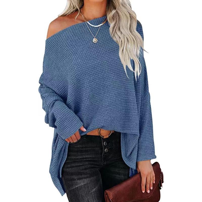 Spring Autumn Women T-shirt Casual Off Shoulder Long Sleeve Waffle Knit Pullover Sweater Pullovers Tops