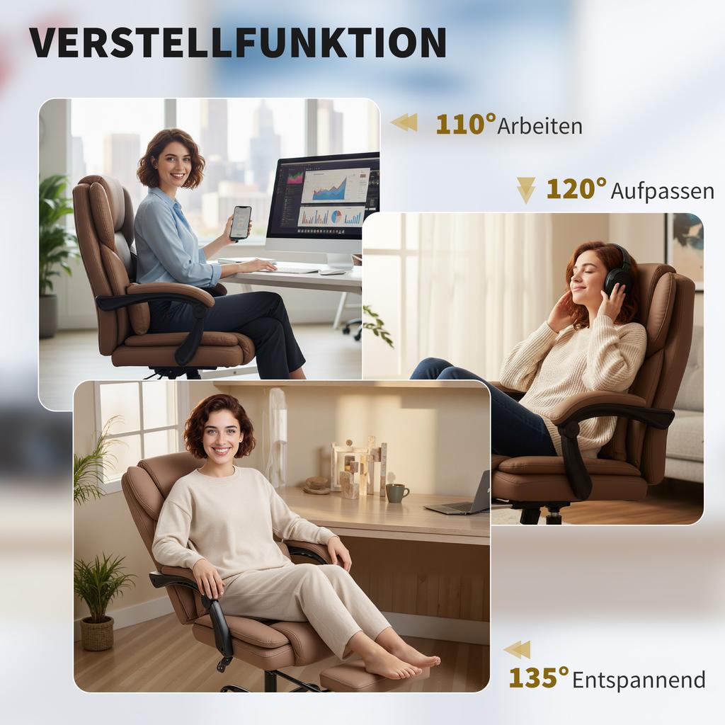 Office Chair with Cat Paw Leather Upholstery, Footrest, Height-Adjustable, Rollable, Brown